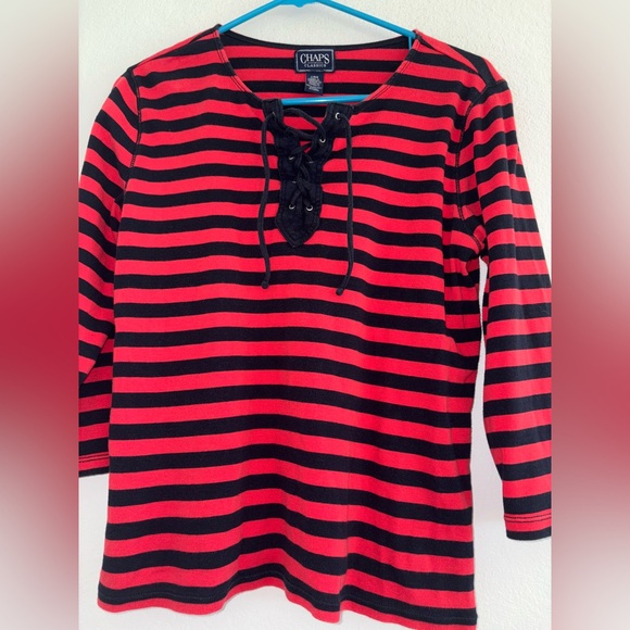 Chaps Classic Striped Red Black Laceup Top 100% Cotton - Picture 3 of 8